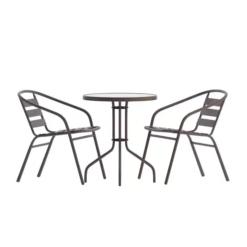 Emma and Oliver 23.75'' Round Glass Top Metal Table with 2 Aluminum Slat Stack Chairs