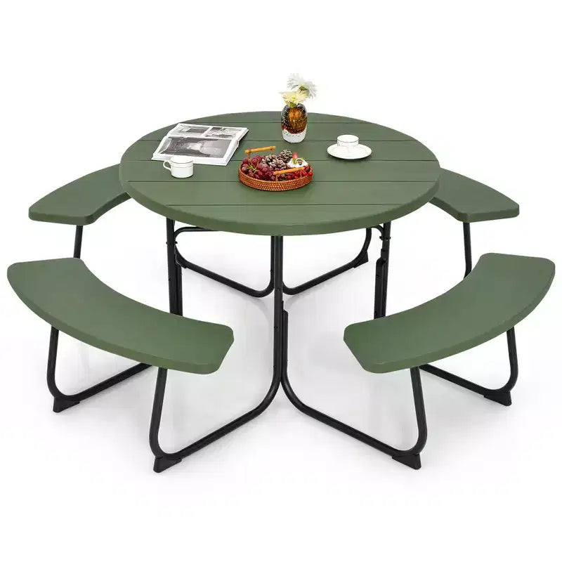 Costway Outdoor 8-person Round Picnic Table Bench Set with 4 Benches & Umbrella Hole Black/Grey/Green/White