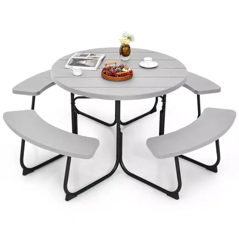 Costway Outdoor 8-person Round Picnic Table Bench Set with 4 Benches & Umbrella Hole Black/Grey/Green/White