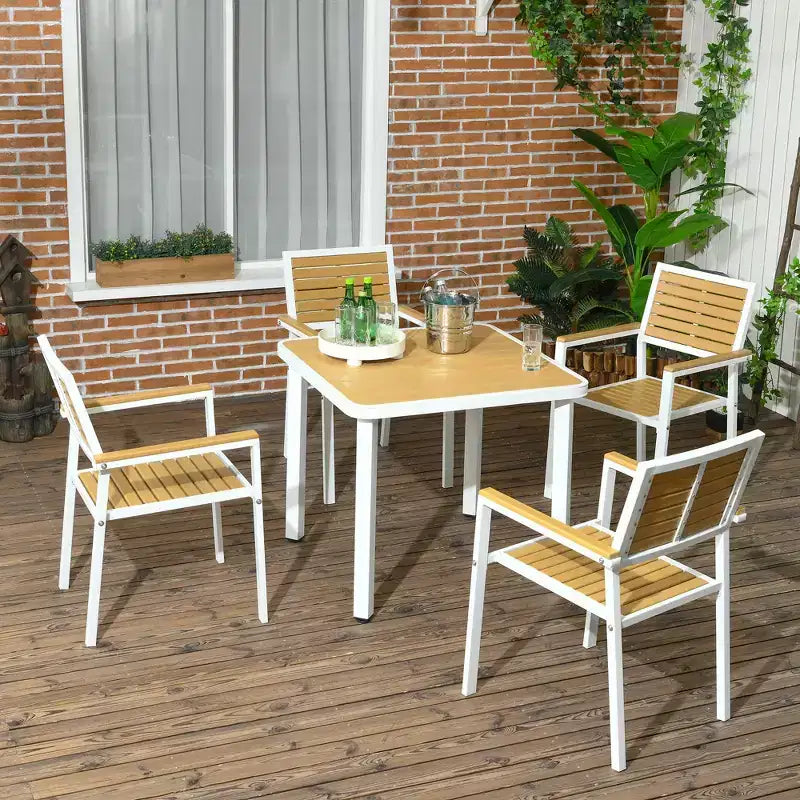 Outsunny Ensemble repas 5 pièces d'extérieur, Table et chaises de patio en aluminium pour 4 avec table de dîner en matériaux HDPE avec trou pour parasol Jaune