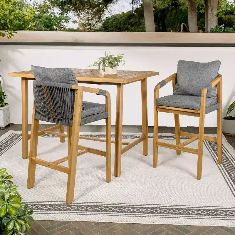 JONATHAN Y Porto Modern Coastal 3-Piece Acacia Wood Outdoor Bar Set with Cushions