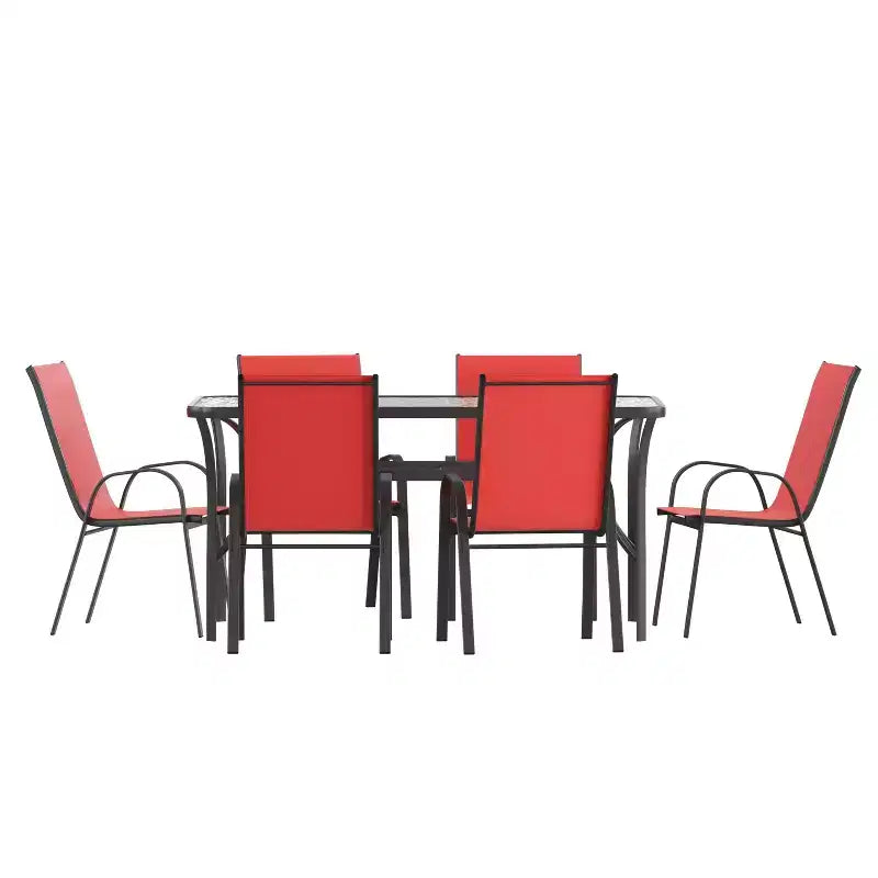 Flash Furniture Brazos 7 Piece Commercial Grade Patio Dining Set with Tempered Glass Patio Table and 6 Chairs with Flex Comfort Material Seats and Backs