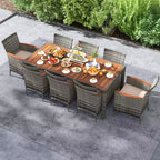 Costway 9 Pieces Outdoor Wicker Dining Set with Acacia Wood Table and 8 Armchairs
