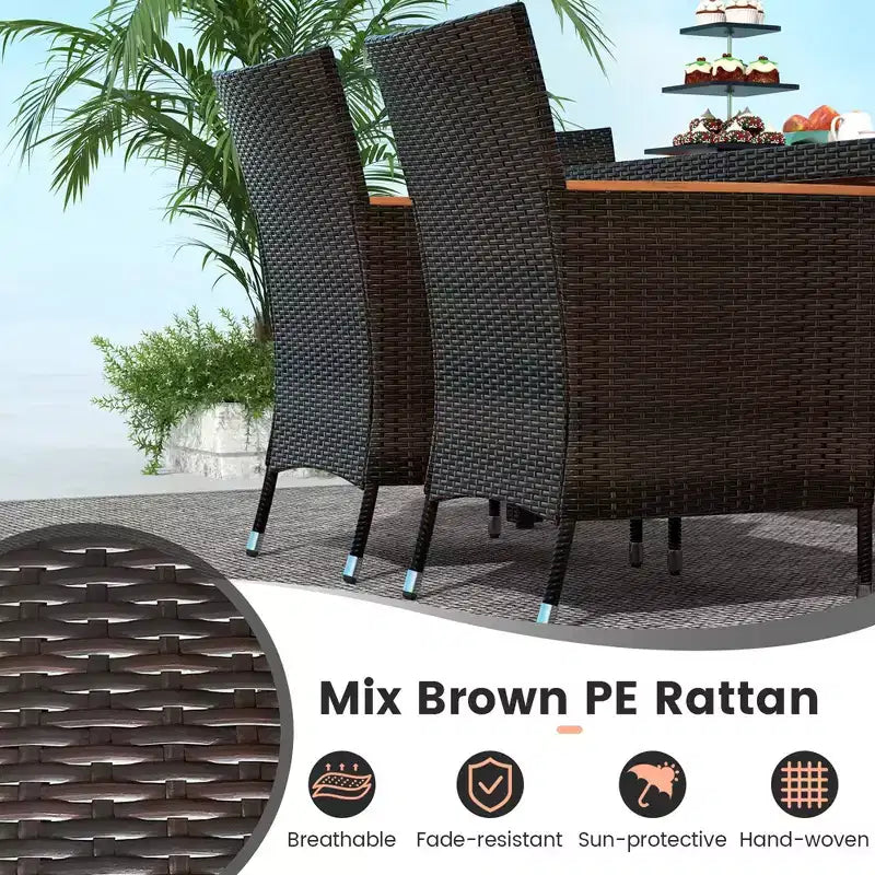 Costway 7 Pieces Outdoor Wicker Dining Set with Acacia Wood Table and 6 Stackable Chairs