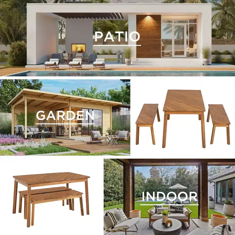 3pc Outdoor Patio Acacia Wood Table Bench Dining Set, Picnic Beer Table With 2 Benches 4A, Natural -ModernLuxe