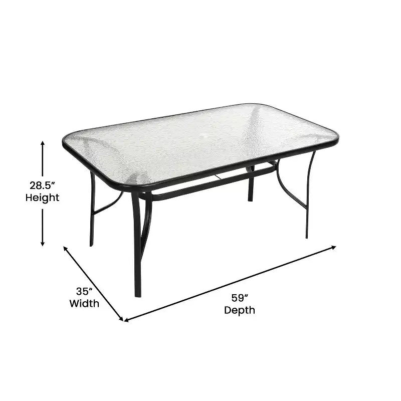 Emma and Oliver 7-Piece Patio Dining Table and Chairs Set with 60 Tempered Glass Top Table, 6 Stack Triple Slat Chairs in Black