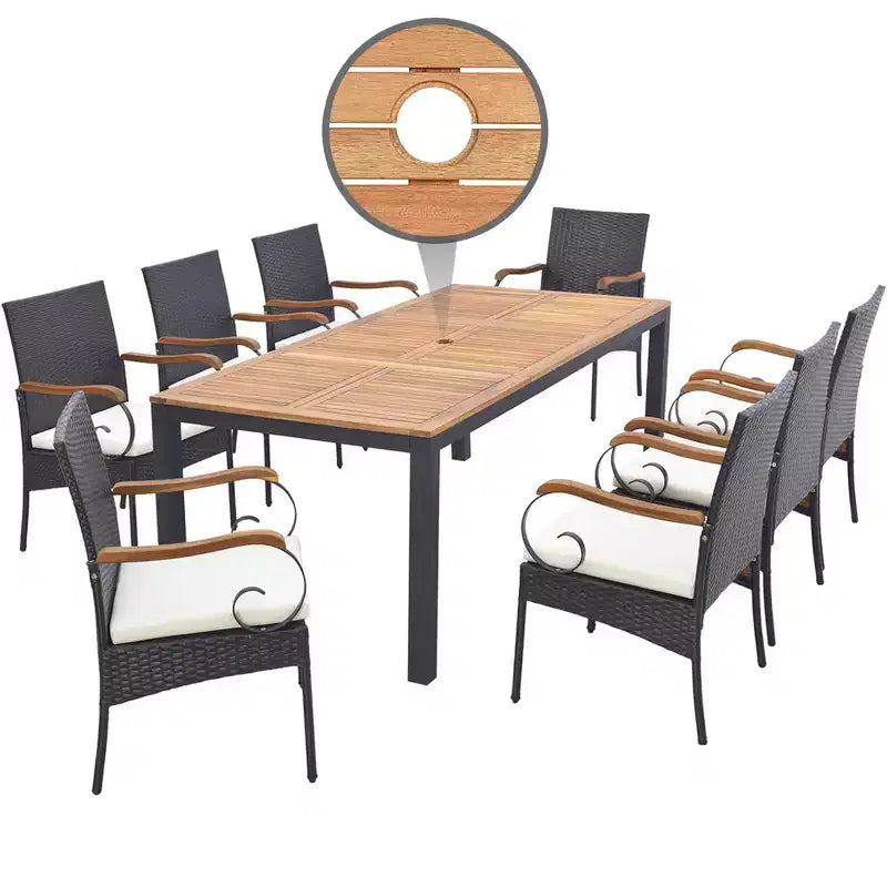 Costway 9 PCS Patio Rattan Dining Set with Acacia Wood Table, Cushions, 1.9 Umbrella Hole