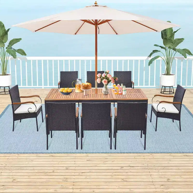 Costway 9 PCS Patio Rattan Dining Set with Acacia Wood Table, Cushions, 1.9 Umbrella Hole