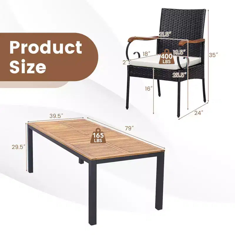 Costway 9 PCS Patio Rattan Dining Set with Acacia Wood Table, Cushions, 1.9 Umbrella Hole