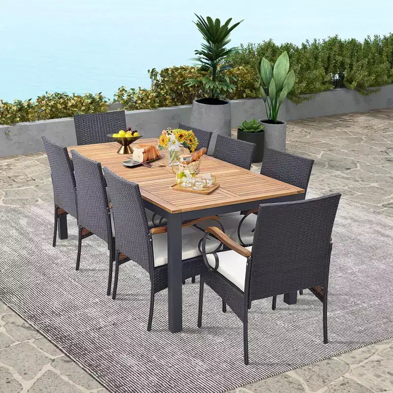 Costway 9 PCS Patio Rattan Dining Set with Acacia Wood Table, Cushions, 1.9 Umbrella Hole