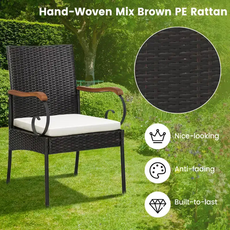 Costway 9 PCS Patio Rattan Dining Set with Acacia Wood Table, Cushions, 1.9 Umbrella Hole