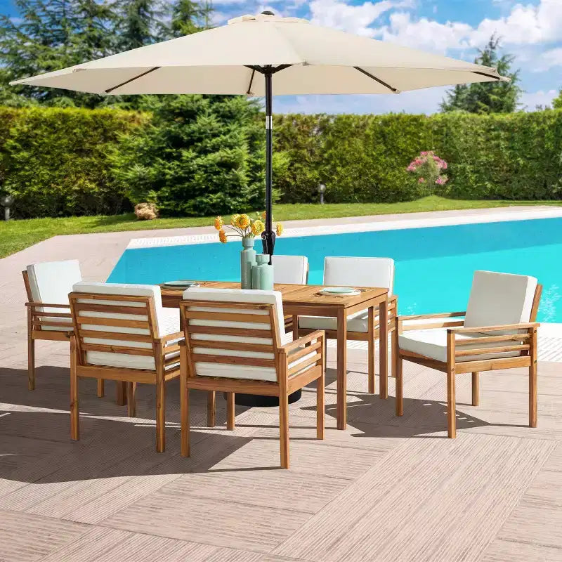 Alaterre Furniture 8pc Outdoor Patio Dining Set, Okemo Table with 10' Auto Tilt Umbrella