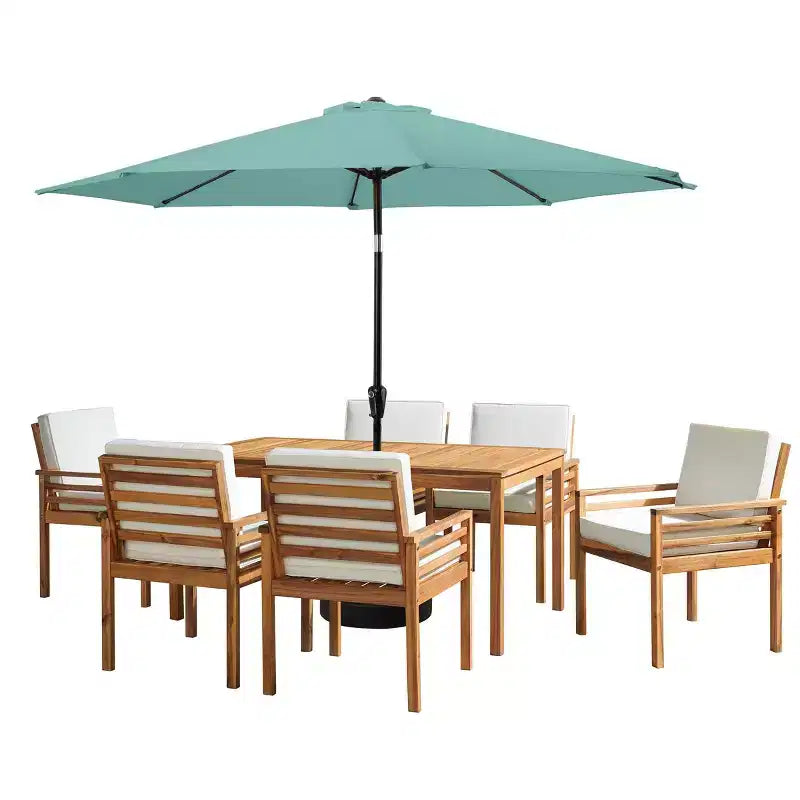 Alaterre Furniture 8pc Outdoor Patio Dining Set, Okemo Table with 10' Auto Tilt Umbrella