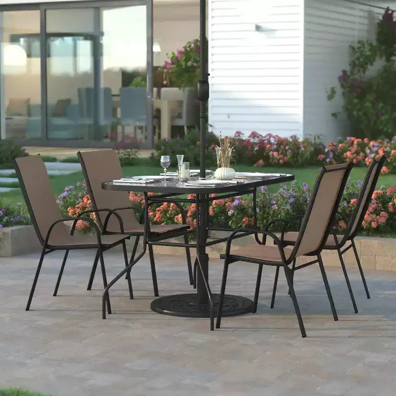 Emma et Oliver – Ensemble de salle à manger d'extérieur 5 pièces avec table de patio en verre trempé et 4 chaises empilables en textilène Flex Comfort