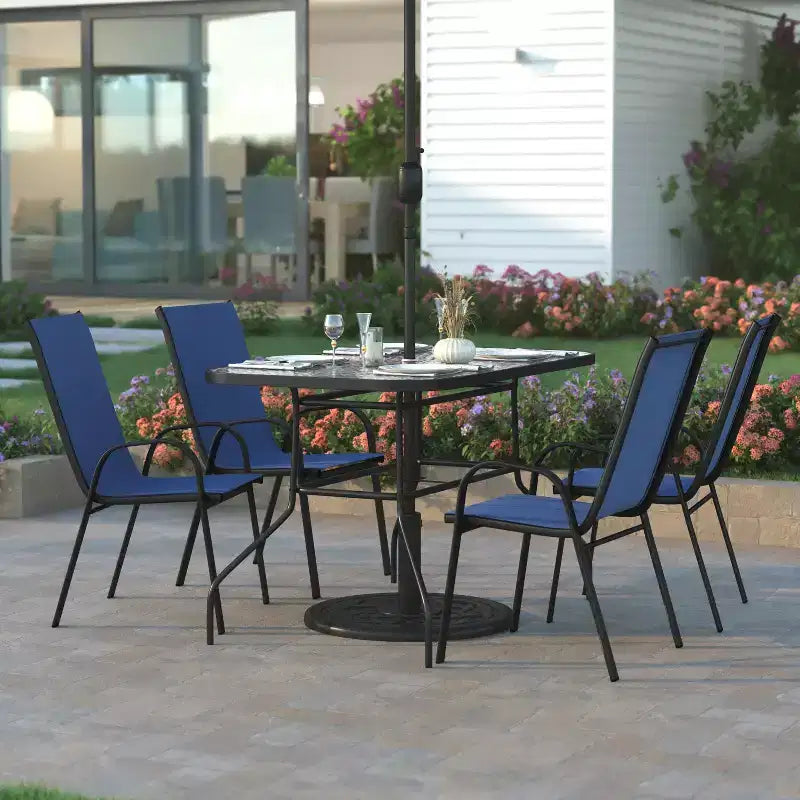 Emma et Oliver – Ensemble de salle à manger d'extérieur 5 pièces avec table de patio en verre trempé et 4 chaises empilables en textilène Flex Comfort
