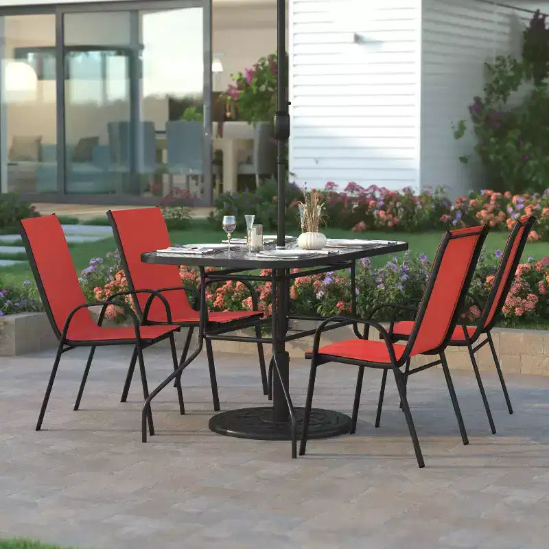 Emma et Oliver – Ensemble de salle à manger d'extérieur 5 pièces avec table de patio en verre trempé et 4 chaises empilables en textilène Flex Comfort