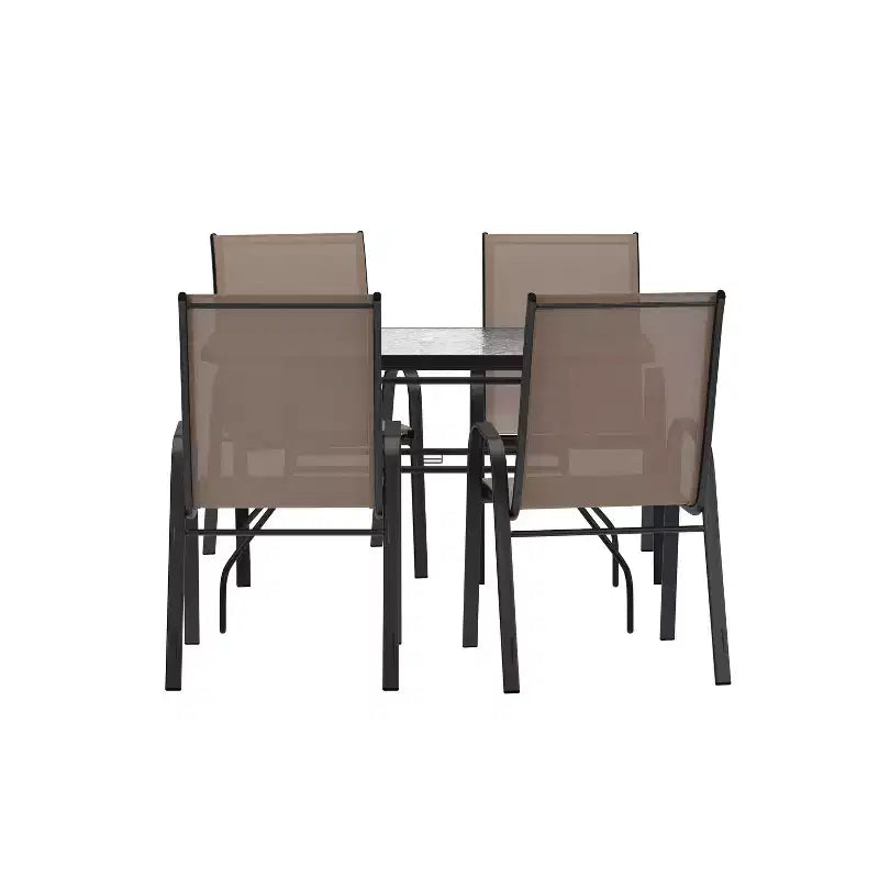 Emma and Oliver 5 Piece Outdoor Dining Set with Tempered Glass Top Patio Table and 4 Flex Comfort Textilene Stacking Chairs