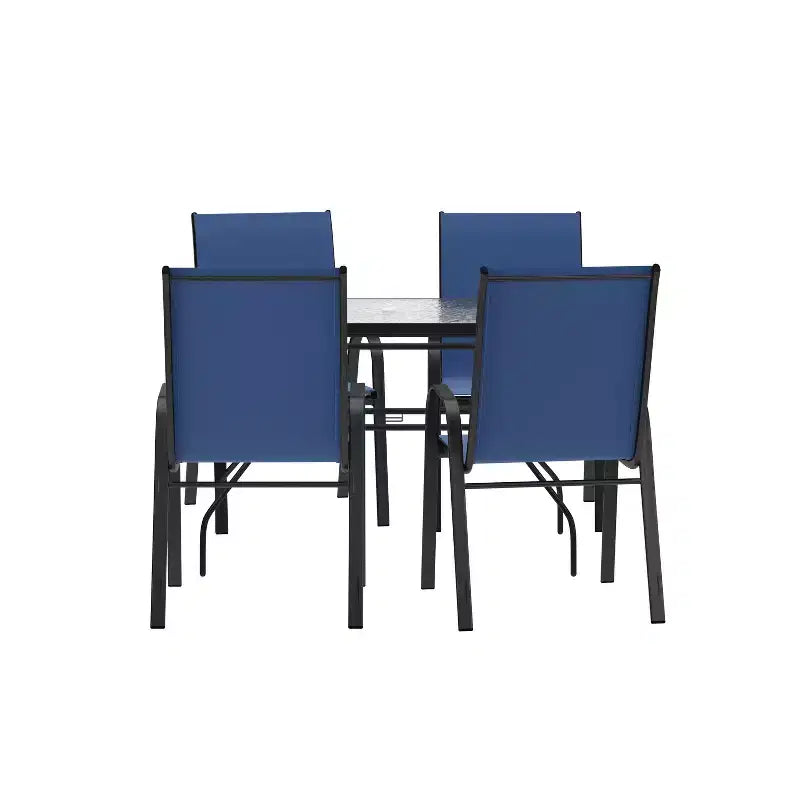 Emma and Oliver 5 Piece Outdoor Dining Set with Tempered Glass Top Patio Table and 4 Flex Comfort Textilene Stacking Chairs