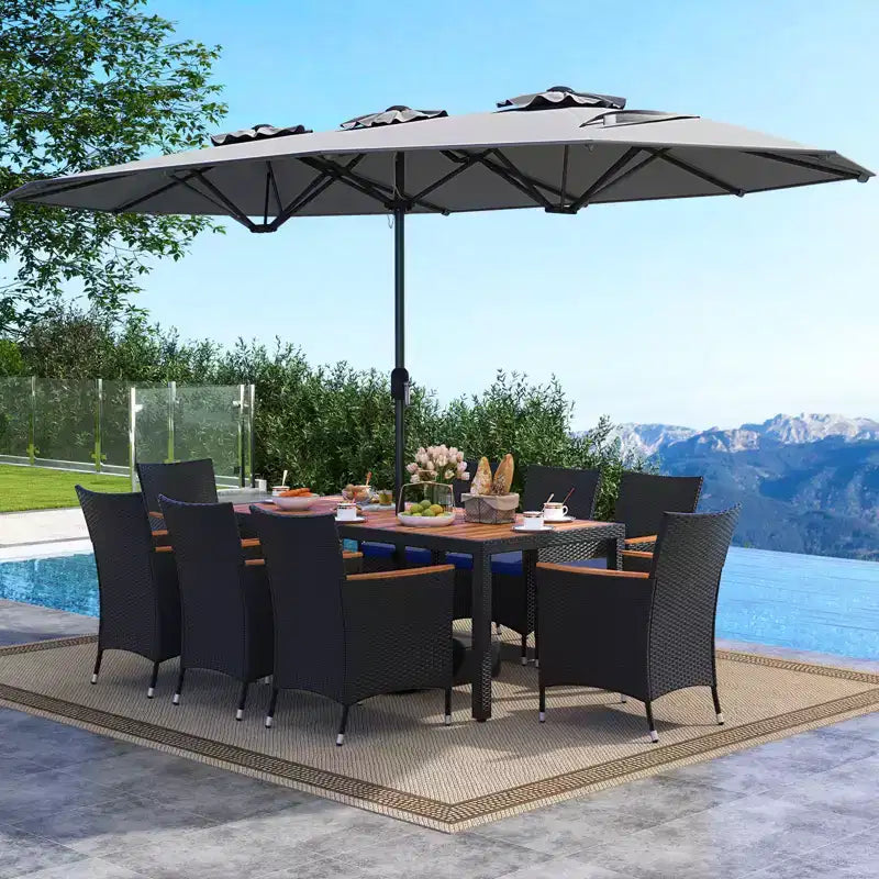 Costway 11 PCS Patio Wicker Dining Set with Double-Sided Outdoor Umbrella 8 Chairs Orange/Turquoise