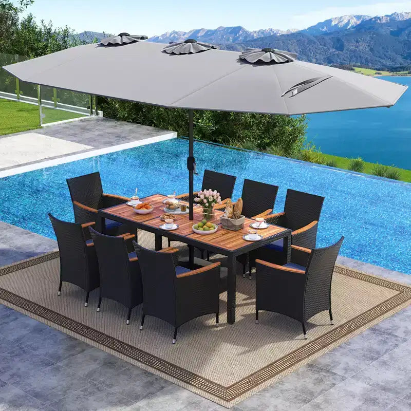 Costway 11 PCS Patio Wicker Dining Set with Double-Sided Outdoor Umbrella 8 Chairs Orange/Turquoise