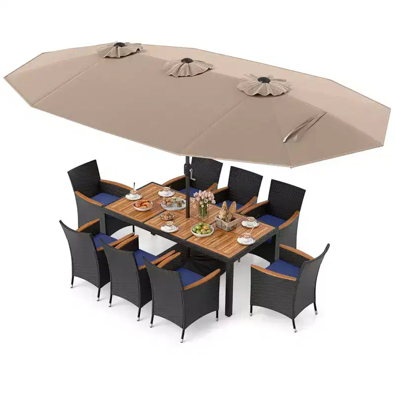 Costway 11 PCS Patio Wicker Dining Set with Double-Sided Outdoor Umbrella 8 Chairs Orange/Turquoise
