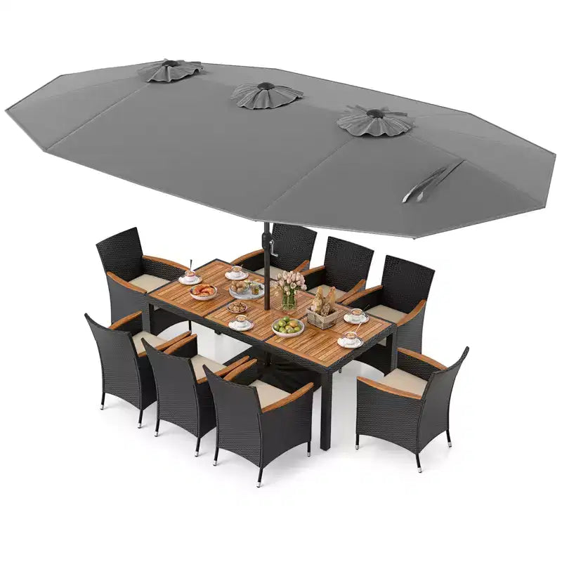 Costway 11 PCS Patio Wicker Dining Set with Double-Sided Outdoor Umbrella 8 Chairs Orange/Turquoise