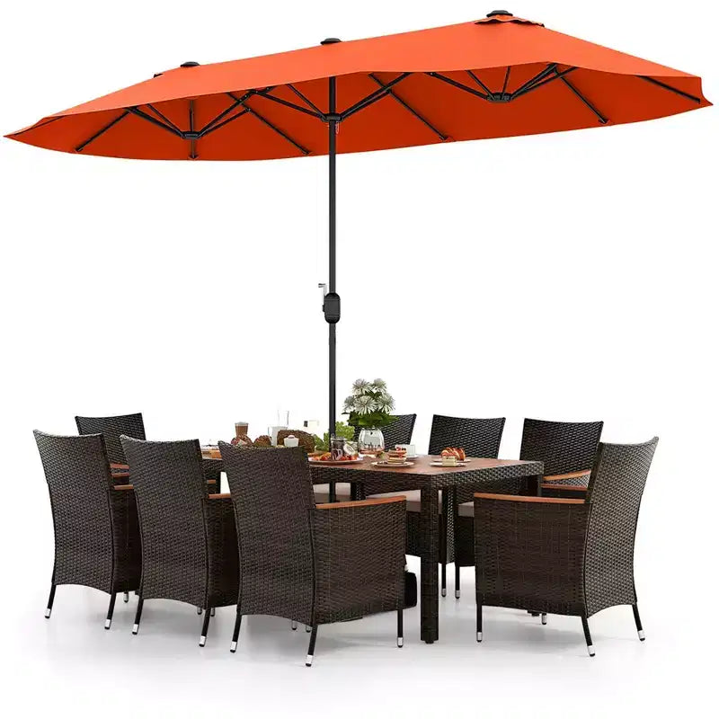 Costway 11 PCS Patio Wicker Dining Set with Double-Sided Outdoor Umbrella 8 Chairs Orange/Turquoise