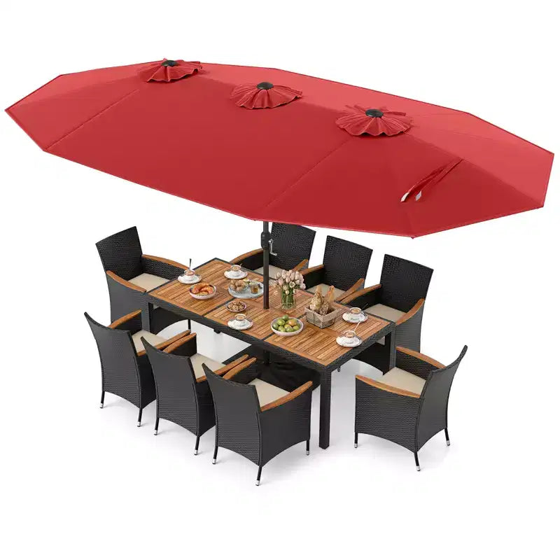 Costway 11 PCS Patio Wicker Dining Set with Double-Sided Outdoor Umbrella 8 Chairs Orange/Turquoise