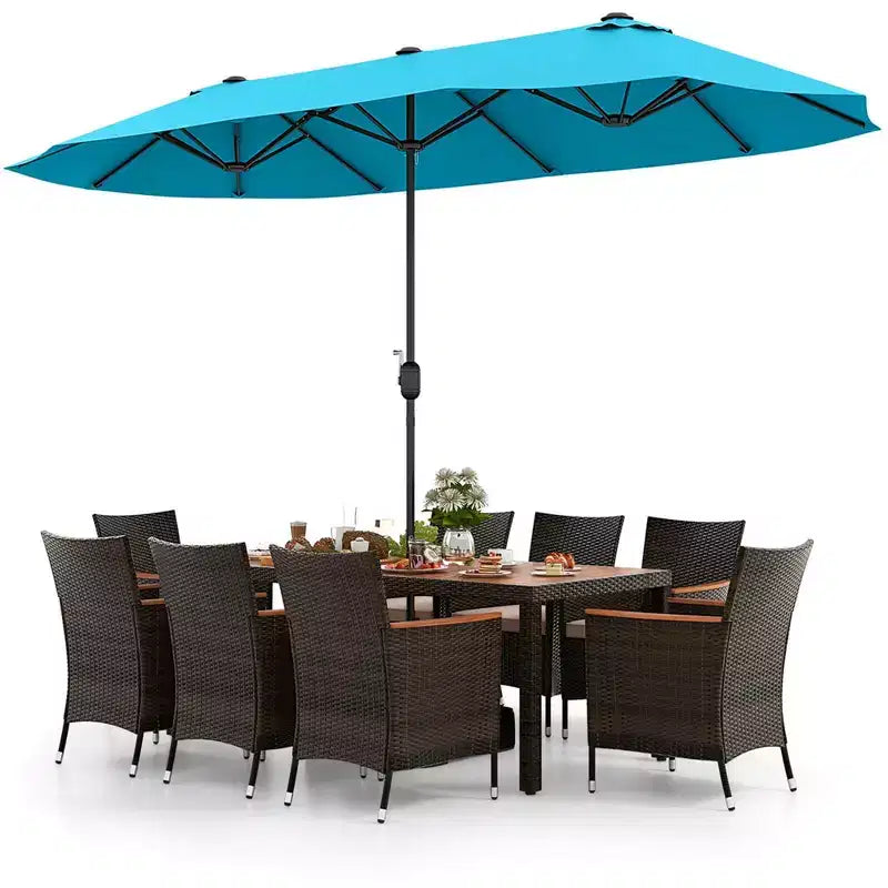 Costway 11 PCS Patio Wicker Dining Set with Double-Sided Outdoor Umbrella 8 Chairs Orange/Turquoise