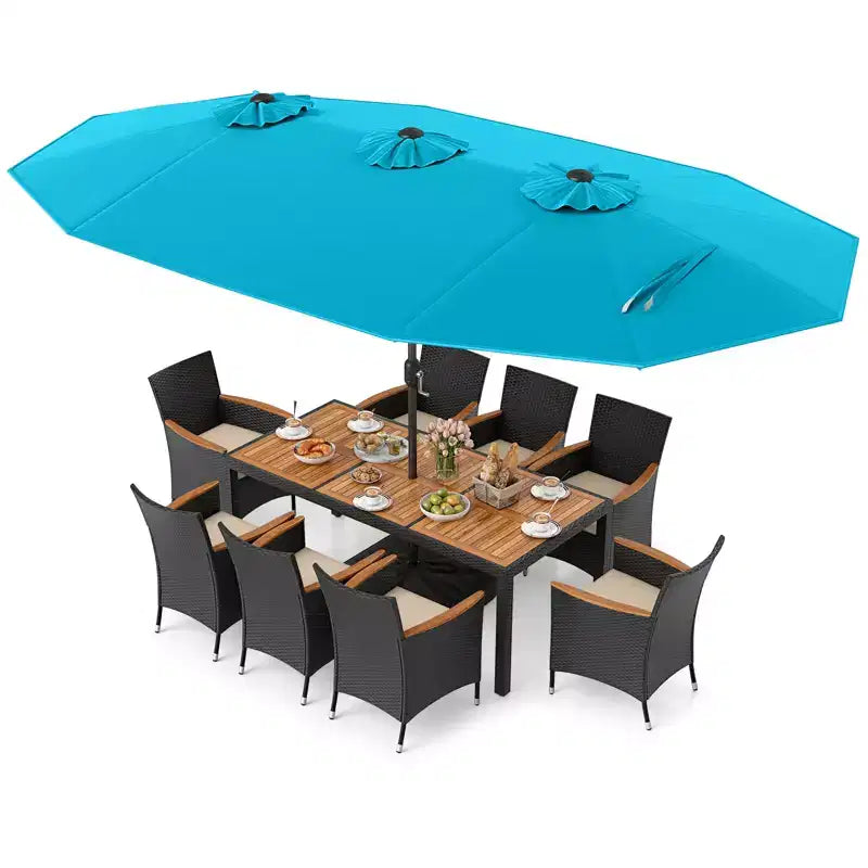 Costway 11 PCS Patio Wicker Dining Set with Double-Sided Outdoor Umbrella 8 Chairs Orange/Turquoise