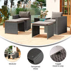 Merrick Lane Woven Rattan Modular Sofa Set for Indoor/Outdoor Use with Loveseat, Ottomans, and Tempered Glass Table