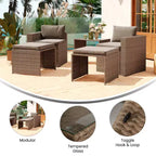 Merrick Lane Woven Rattan Modular Sofa Set for Indoor/Outdoor Use with Loveseat, Ottomans, and Tempered Glass Table