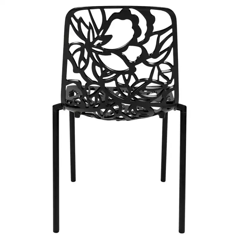 LeisureMod Devon 3-Piece Aluminum Outdoor Patio Dining Set with Tempered Glass Top Table and 2 Stackable Flower Design Chairs