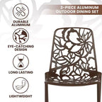 LeisureMod Devon 3-Piece Aluminum Outdoor Patio Dining Set with Tempered Glass Top Table and 2 Stackable Flower Design Chairs