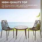 LeisureMod Devon 3-Piece Aluminum Outdoor Patio Dining Set with Tempered Glass Top Table and 2 Stackable Flower Design Chairs