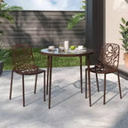 LeisureMod Devon 3-Piece Aluminum Outdoor Patio Dining Set with Tempered Glass Top Table and 2 Stackable Flower Design Chairs