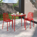 LeisureMod Devon 3-Piece Aluminum Outdoor Patio Dining Set with Tempered Glass Top Table and 2 Stackable Flower Design Chairs