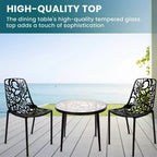 LeisureMod Devon 3-Piece Aluminum Outdoor Patio Dining Set with Tempered Glass Top Table and 2 Stackable Flower Design Chairs