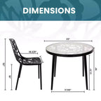 LeisureMod Devon 3-Piece Aluminum Outdoor Patio Dining Set with Tempered Glass Top Table and 2 Stackable Flower Design Chairs
