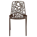 LeisureMod Devon 5-Piece Outdoor Dining Set - Round Glass Table with 4 Black Flower Design Stackable Chairs