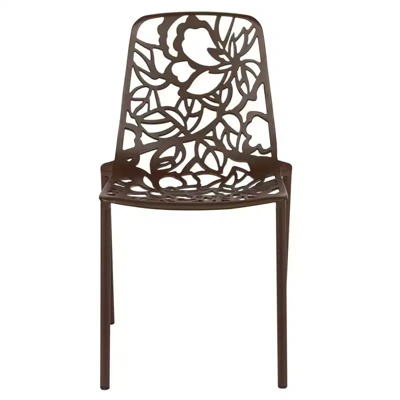 LeisureMod Devon 5-Piece Outdoor Dining Set - Round Glass Table with 4 Black Flower Design Stackable Chairs
