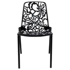 LeisureMod Devon 5-Piece Outdoor Dining Set - Round Glass Table with 4 Black Flower Design Stackable Chairs