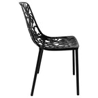 LeisureMod Devon 5-Piece Outdoor Dining Set - Round Glass Table with 4 Black Flower Design Stackable Chairs