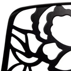 LeisureMod Devon 5-Piece Outdoor Dining Set - Round Glass Table with 4 Black Flower Design Stackable Chairs