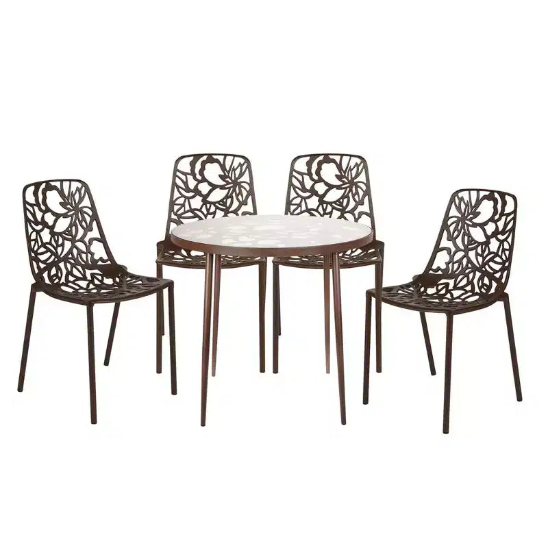 LeisureMod Devon 5-Piece Outdoor Dining Set - Round Glass Table with 4 Black Flower Design Stackable Chairs