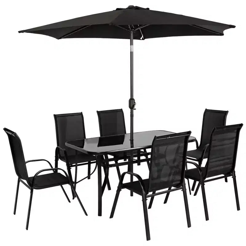Outsunny 8 Piece Patio Furniture Set with Umbrella, Outdoor Dining Table and Chairs, 6 Chairs, Push Button Tilt and Crank Parasol, Glass Top
