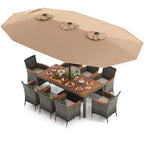 Costway 10 Pieces Patio Wicker Dining Set with Double-Sided Patio Umbrella 8 Armchairs Grey/Red/Orange/Turquoise/Beige/Coffee