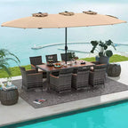 Costway 10 Pieces Patio Wicker Dining Set with Double-Sided Patio Umbrella 8 Armchairs Grey/Red/Orange/Turquoise/Beige/Coffee