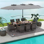 Costway 10 Pieces Patio Wicker Dining Set with Double-Sided Patio Umbrella 8 Armchairs Grey/Red/Orange/Turquoise/Beige/Coffee