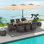 Costway 10 Pieces Patio Wicker Dining Set with Double-Sided Patio Umbrella 8 Armchairs Grey/Red/Orange/Turquoise/Beige/Coffee